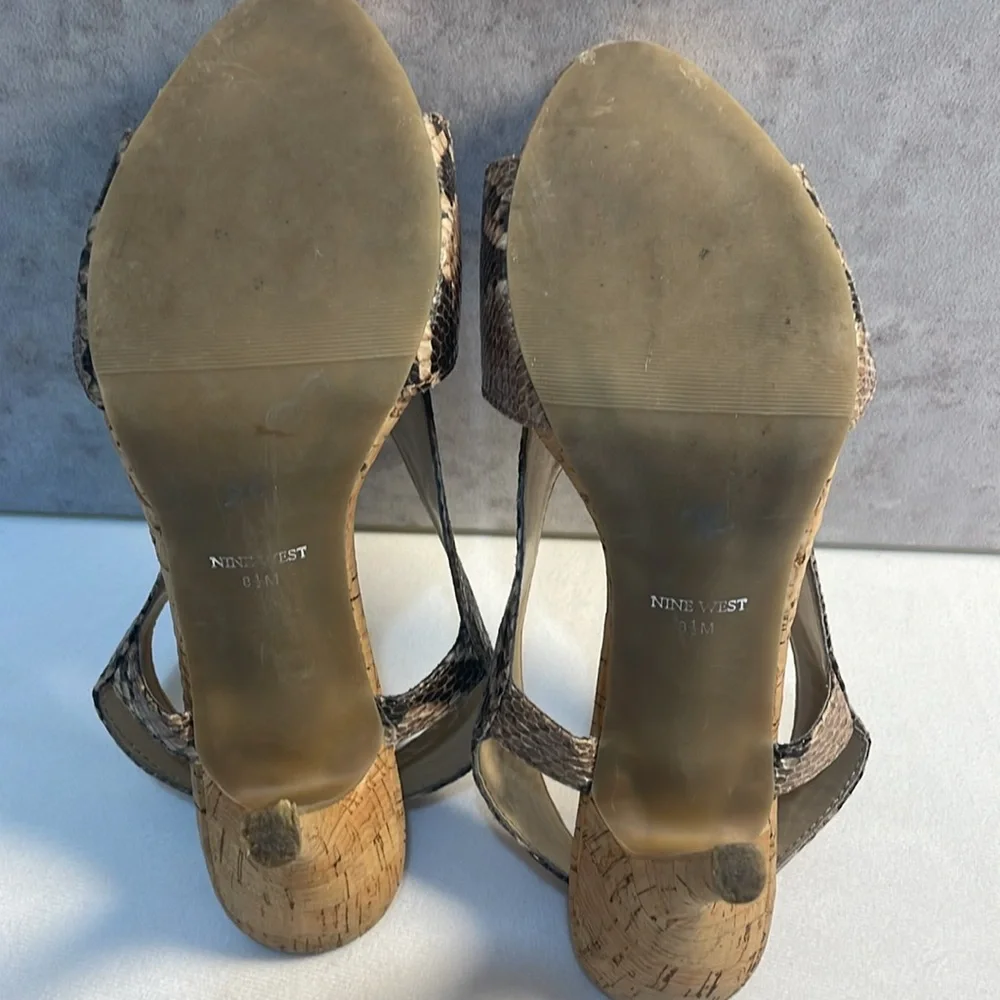 NINE WEST Snakeskin Cork Bottom 4” Heels Crossover Straps Sandals Classic 8.5M‎